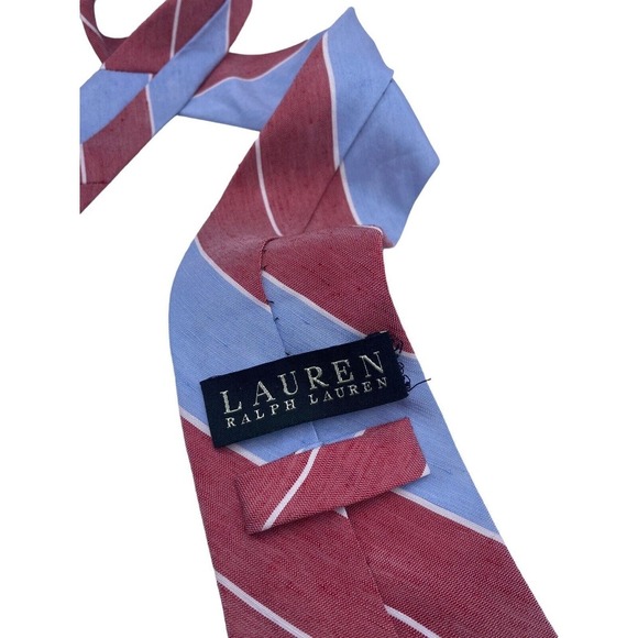 Ralph Lauren Tie Silk Slub Linen Blend Mens Light Blue Rose Red Dark Pink Stripe - Picture 8 of 12